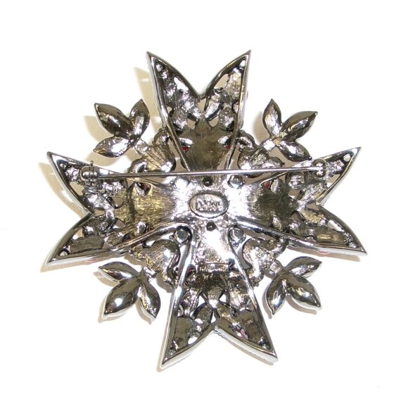 Joan Rivers Gripoix Red & Black Glass Rhinestone Maltese Cross Brooch - Picture 2 of 3